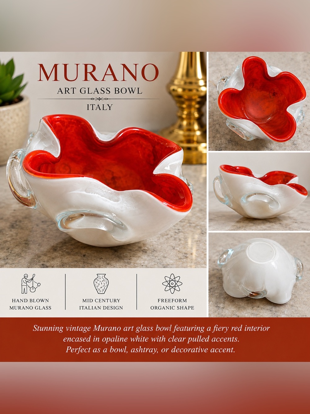 Murano Red and Opaline White Freeform Art Glass Bowl